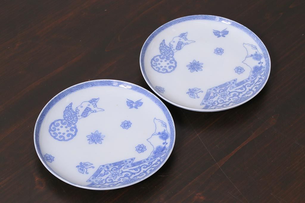 アンティーク雑貨　大正期　花蝶図　五寸　印判皿2枚セット(中皿)(R-037836)