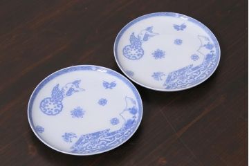 アンティーク雑貨　大正期　花蝶図　五寸　印判皿2枚セット(中皿)(R-037836)