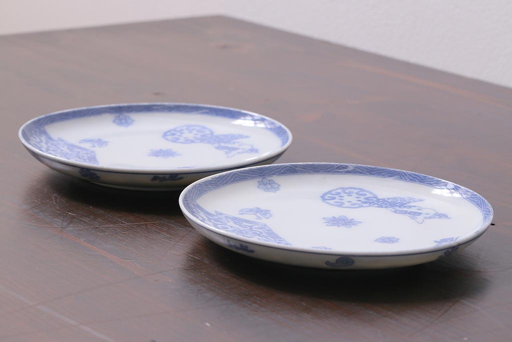 アンティーク雑貨　大正期　花蝶図　五寸　印判皿2枚セット(中皿)(R-037836)