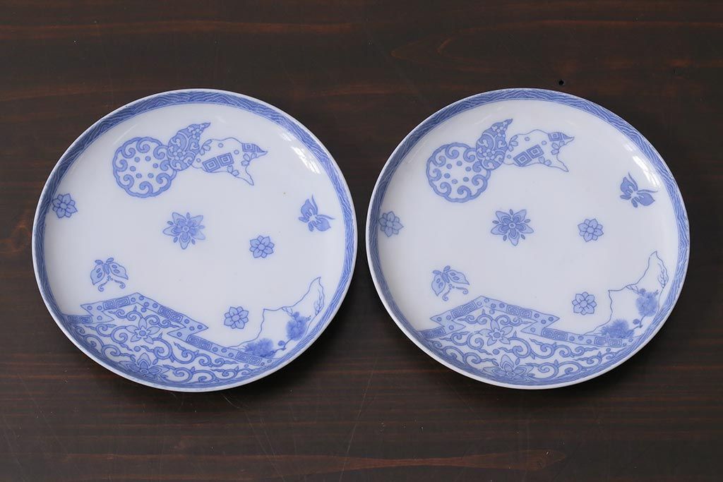 アンティーク雑貨　大正期　花蝶図　五寸　印判皿2枚セット(中皿)(R-037836)