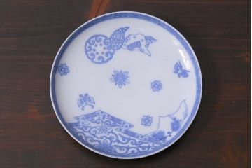 アンティーク雑貨　大正期　花蝶図　五寸　印判皿2枚セット(中皿)(R-037836)