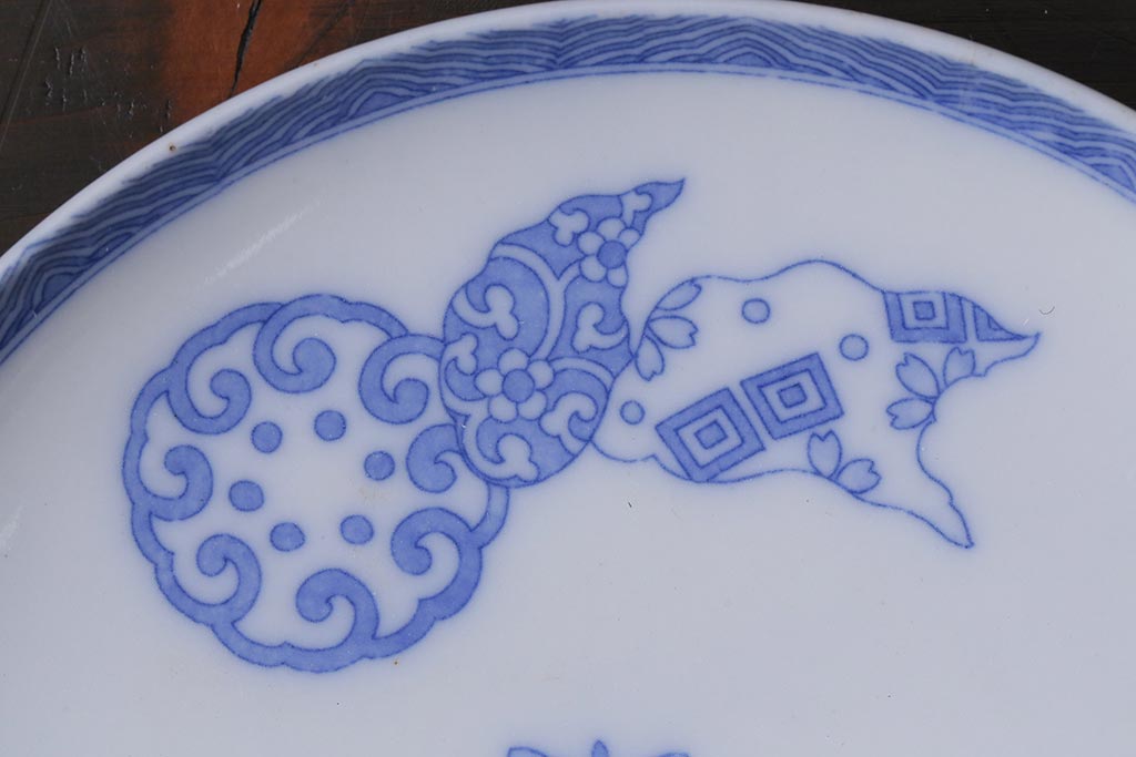 アンティーク雑貨　大正期　花蝶図　五寸　印判皿2枚セット(中皿)(R-037836)