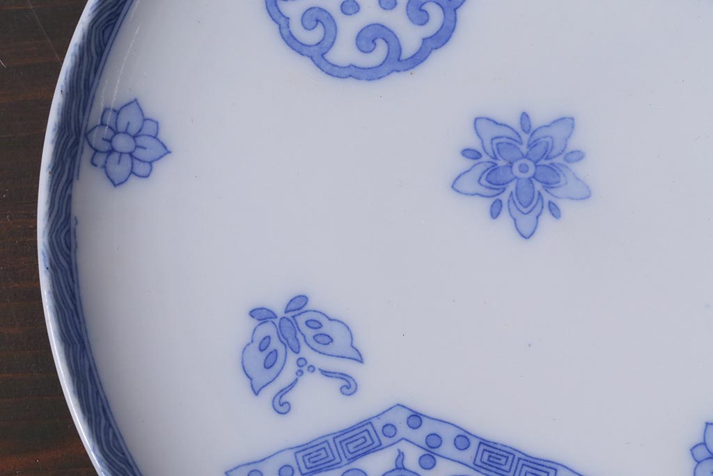 アンティーク雑貨　大正期　花蝶図　五寸　印判皿2枚セット(中皿)(R-037836)