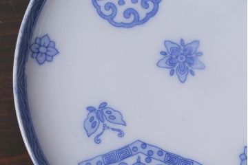 アンティーク雑貨　大正期　花蝶図　五寸　印判皿2枚セット(中皿)(R-037836)