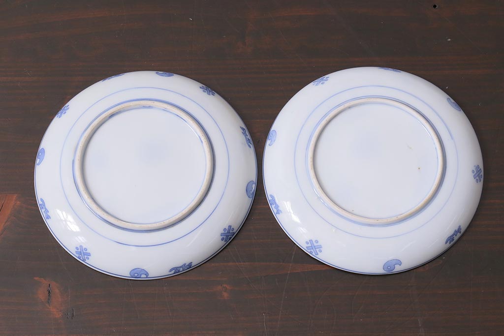 アンティーク雑貨　大正期　花蝶図　五寸　印判皿2枚セット(中皿)(R-037836)