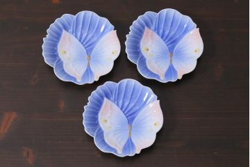 アンティーク雑貨　オールド香蘭社　金彩花蝶図　小皿3枚(変形皿)(R-037838)