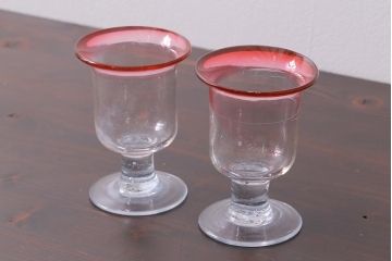 アンティーク雑貨　古民具・骨董　大正期　赤縁氷コップ2点(ペア・吹きガラス)(R-037843)