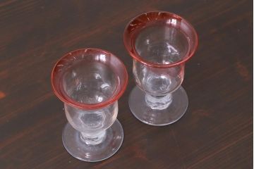 アンティーク雑貨　古民具・骨董　大正期　赤縁氷コップ2点(ペア・吹きガラス)(R-037843)