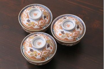 アンティーク雑貨　江戸期　色絵蓋付茶碗3個(伊万里)(R-037873)