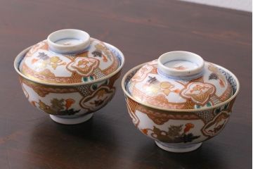 アンティーク雑貨　江戸期　色絵蓋付茶碗2個(伊万里)(R-037875)
