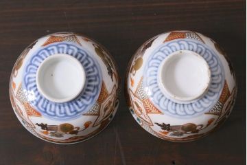 アンティーク雑貨　江戸期　色絵蓋付茶碗2個(伊万里)(R-037875)