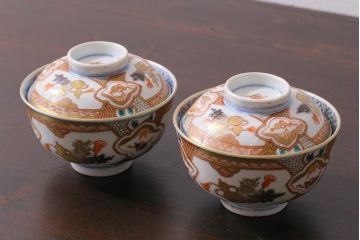 アンティーク雑貨　江戸期　色絵蓋付茶碗2個(伊万里)(R-037876)