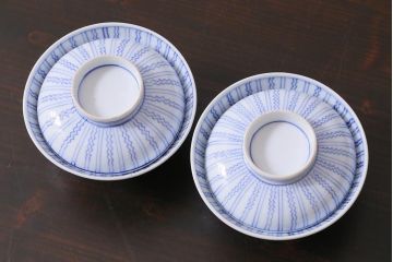 アンティーク雑貨　江戸明治期　染付蓋茶碗2個(R-037877)