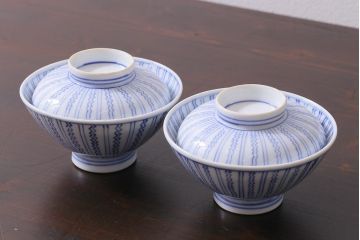 アンティーク雑貨　江戸明治期　染付蓋茶碗2個(R-037877)