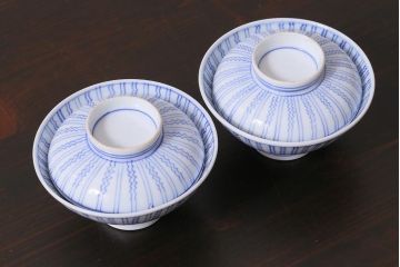アンティーク雑貨　江戸明治期　染付蓋茶碗2個(R-037877)