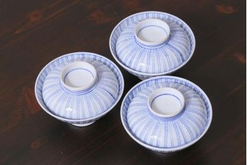 アンティーク雑貨　江戸明治期　染付蓋茶碗3個(R-037878)