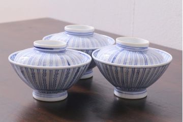 アンティーク雑貨　江戸明治期　染付蓋茶碗3個(R-037878)