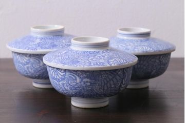 アンティーク雑貨　大正期　龍文　印判蓋茶碗3点セット(R-037886)