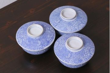 アンティーク雑貨　大正期　龍文　印判蓋茶碗3点セット(R-037886)