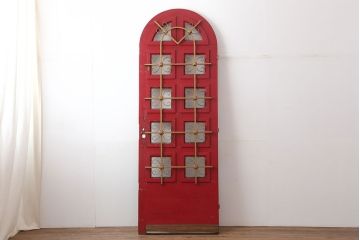 ヴィンテージ建具　フランスビンテージ　アーチ型　アイアングリルが目を引くオーク材製のドア(面格子、扉)(R-037954)