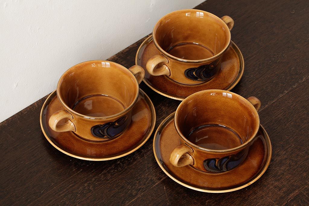 ヴィンテージ雑貨　北欧ビンテージ　落ち着いた温もり感じるスープカップ&ソーサー3客セット(洋食器)(R-037959)