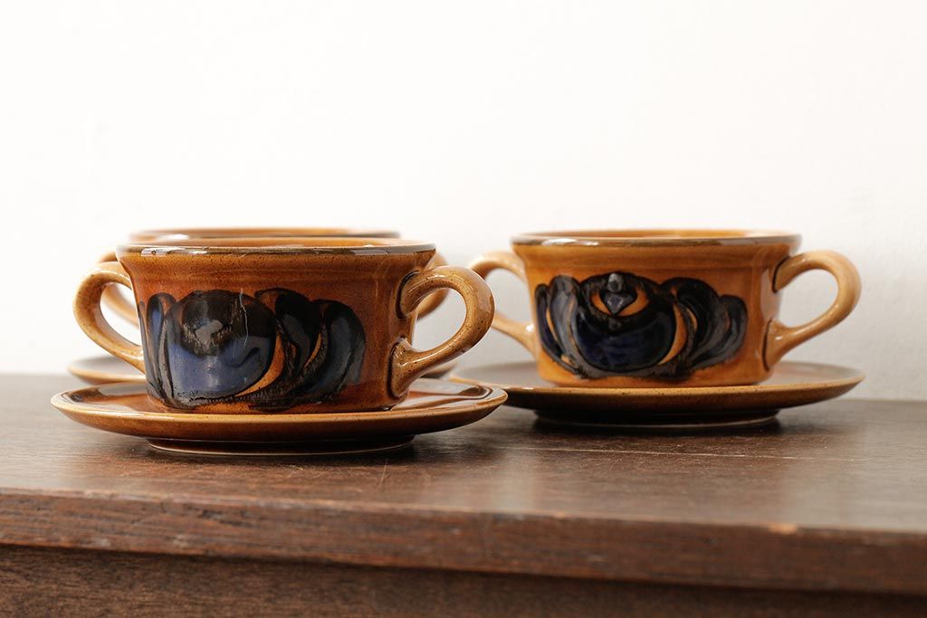 ヴィンテージ雑貨　北欧ビンテージ　落ち着いた温もり感じるスープカップ&ソーサー3客セット(洋食器)(R-037959)