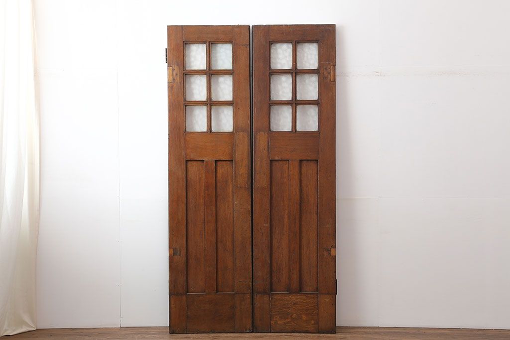 アンティーク建具　フランスアンティーク　オーク材　両開き　ノスタルジックな親子ドア(木製ドア、建具、扉)(R-037977)
