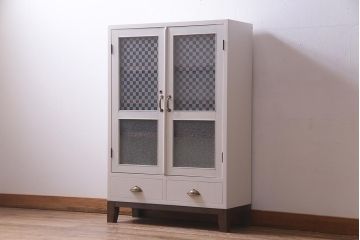 ラフジュ工房オリジナル　古建具リメイク　レトロな雰囲気漂うバイカラーのブックケース(本箱、食器棚、収納棚)(R-037994)