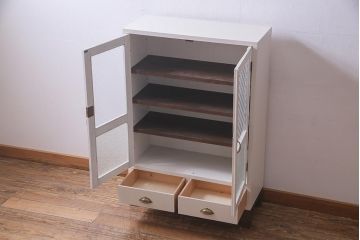 ラフジュ工房オリジナル　古建具リメイク　レトロな雰囲気漂うバイカラーのブックケース(本箱、食器棚、収納棚)(R-037994)