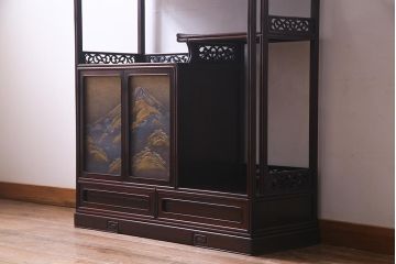 アンティーク家具　上手物!　在銘入り　紫檀(シタン)材　漆　和の趣きを感じさせる飾り棚(茶棚、違い棚)(R-038019)