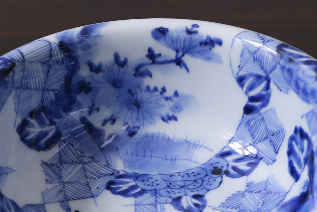 アンティーク雑貨　幕末明治期　伊万里　染付深鉢(深皿、和食器)(R-038024)