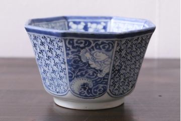 アンティーク雑貨　江戸期　古伊万里　染付龍文八角深鉢(向付)(R-038026)