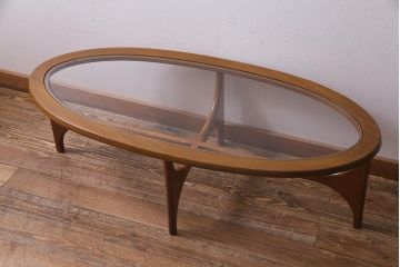 ヴィンテージ家具　Stonehill(ストーンヒル)　ガラストップのオーバル型センターテーブル(コーヒーテーブル、リビングテーブル、ビンテージ)(R-038027)