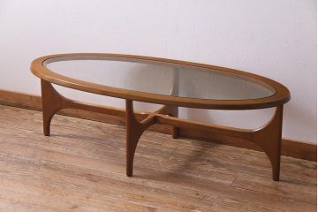 ヴィンテージ家具　Stonehill(ストーンヒル)　ガラストップのオーバル型センターテーブル(コーヒーテーブル、リビングテーブル、ビンテージ)(R-038027)