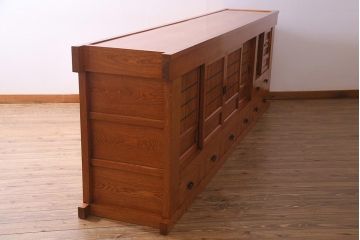 新古品　特大サイズ!　ニレ無垢材　和の空間作りに活躍する9尺水屋箪笥・上(九尺水屋、サイドボード、和箪笥、収納棚)(R-038029)