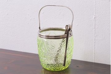 アンティーク雑貨　大正昭和初期　ウランガラス製のアイスペール(アイスバスケット、ワセリンガラス)(R-038051)