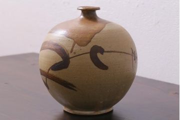 中古　笠間焼　中野晃嗣　野草文一輪挿し(花器、花瓶、共箱付き)(R-038052)