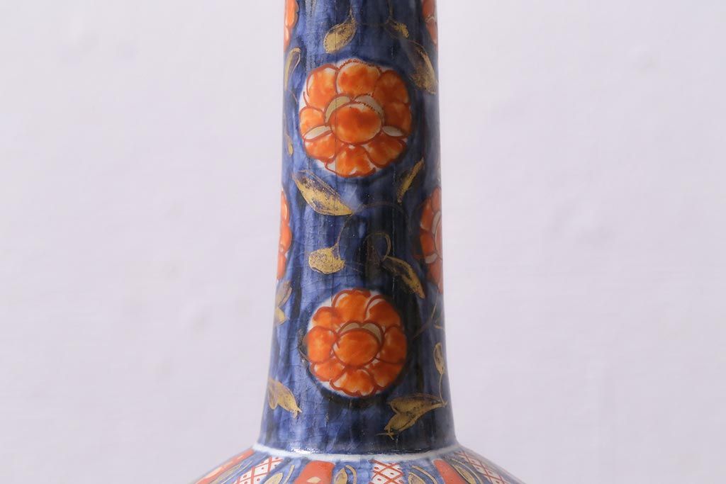 アンティーク雑貨　江戸中期　箱付き　華やかな金襴手が美しい鶴首徳利一対(花瓶、花器)(R-038055)