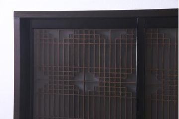 ラフジュ工房オリジナル　アンティーク古建具リメイク　すりガラス入り　組子模様が美しい重ね戸棚(書院戸、収納棚、キャビネット)(R-038131)