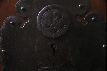 アンティーク建具　明治大正期　総ケヤキ材一枚板・漆塗り　赤みを帯びた木肌が魅力の蔵戸(建具、引き戸、玄関戸)(R-038144)