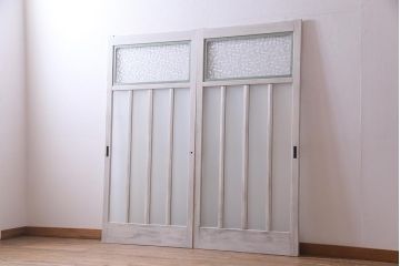 アンティーク建具　ペイント　すりガラス　フレンチナチュラルにもぴったりなガラス戸2枚セット(引き戸)(R-038155)