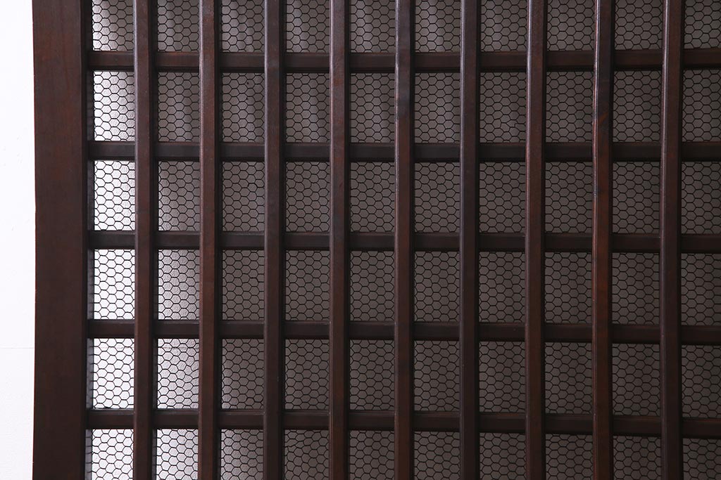 アンティーク建具　明治大正期　亀甲金網　細かなマス目が目を惹く珍しいサイズの格子蔵戸(きつね格子、狐格子、建具、引き戸、玄関戸)(R-038187)