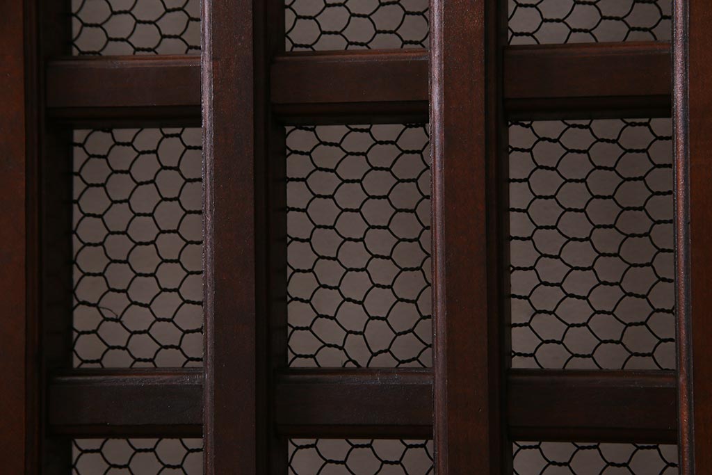 アンティーク建具　明治大正期　亀甲金網　細かなマス目が目を惹く珍しいサイズの格子蔵戸(きつね格子、狐格子、建具、引き戸、玄関戸)(R-038187)