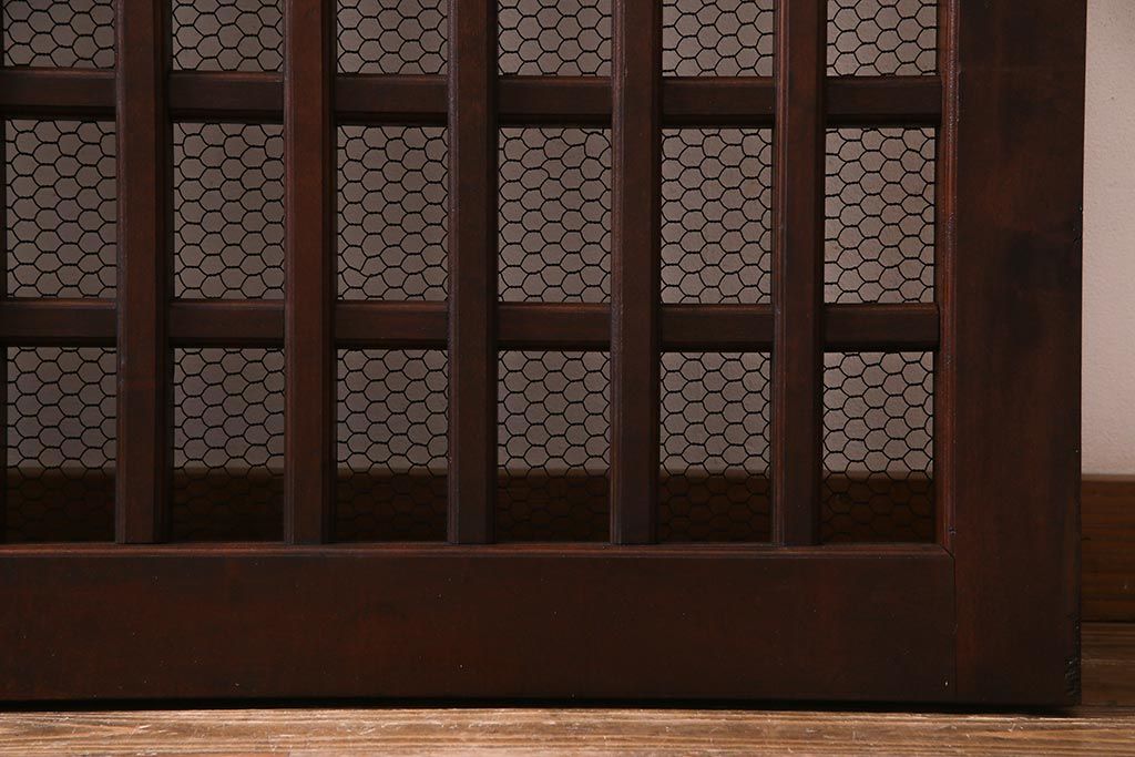アンティーク建具　明治大正期　亀甲金網　細かなマス目が目を惹く珍しいサイズの格子蔵戸(きつね格子、狐格子、建具、引き戸、玄関戸)(R-038187)