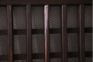 アンティーク建具　明治大正期　亀甲金網　細かなマス目が目を惹く珍しいサイズの格子蔵戸(きつね格子、狐格子、建具、引き戸、玄関戸)(R-038187)