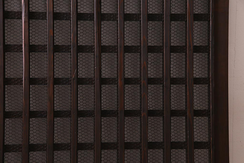 アンティーク建具　明治大正期　亀甲金網　細かなマス目が目を惹く珍しいサイズの格子蔵戸(きつね格子、狐格子、建具、引き戸、玄関戸)(R-038187)