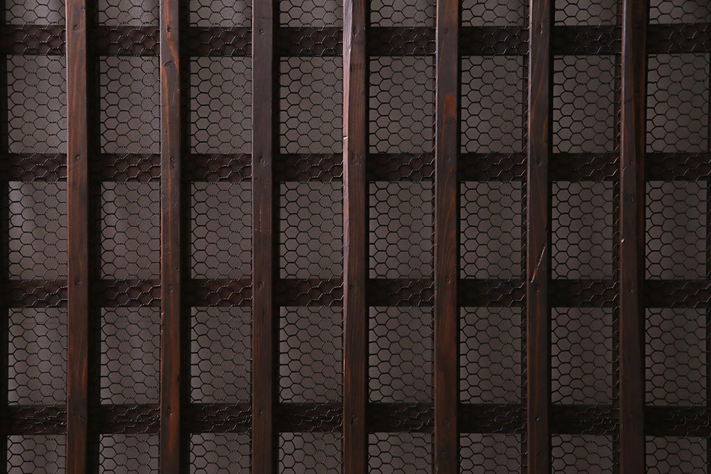 アンティーク建具　明治大正期　亀甲金網　細かなマス目が目を惹く珍しいサイズの格子蔵戸(きつね格子、狐格子、建具、引き戸、玄関戸)(R-038187)