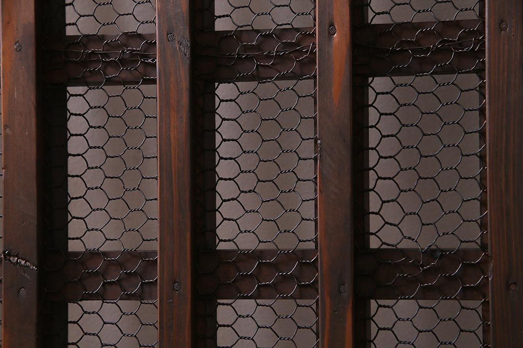 アンティーク建具　明治大正期　亀甲金網　細かなマス目が目を惹く珍しいサイズの格子蔵戸(きつね格子、狐格子、建具、引き戸、玄関戸)(R-038187)