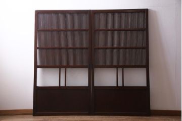 アンティーク建具　和製アンティーク　ダイヤ・結霜ガラス　レトロなガラス入りの格子戸2枚セット(ガラス帯戸、引き戸、建具)(R-038198)