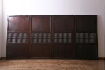 アンティーク建具　和製アンティーク　すりガラス入り　凛とした雰囲気が魅力的な格子帯戸4枚セット(板戸、引き戸、建具)(R-038200)